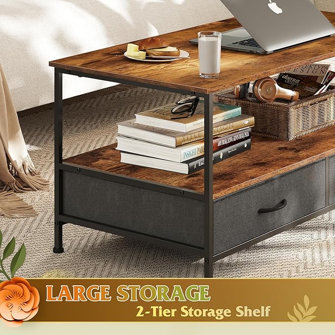 WLIVE Coffee Table, 39" Coffee Table with Storage & Drawers, 2-Tier Wood Center Table for Living Room, Apartment, Bedroom, Metal Table Legs, Rustic Brown