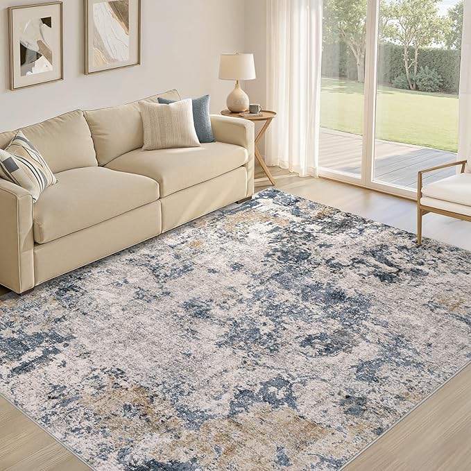 Area Rugs for Living Room: 10x14 Abstract Washable Rug Large Soft Stain Resistant Non-Slip Backing for Bedroom Dining Room Indoor Home Office Carpet for Kids Pet Friendly Families - Blue Brown
