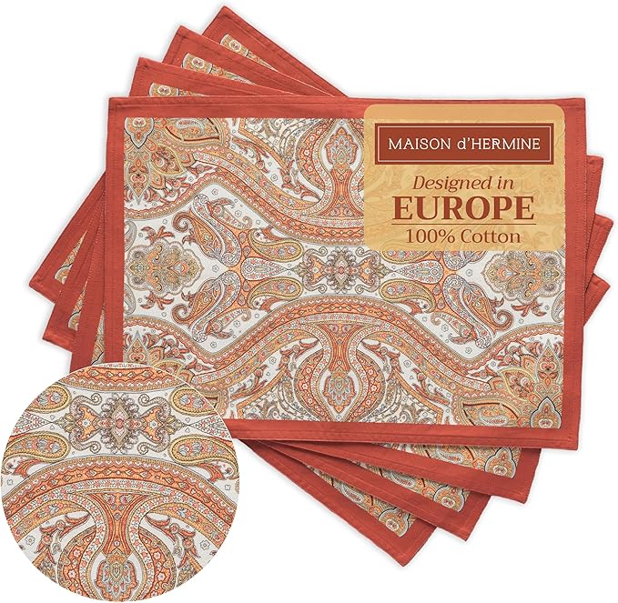 Maison d' Hermine Placemats Set of 4 100% Cotton Washable Cloth Place Mats, Reusable Table Mats for Kitchen Dining Decoration, Party, Wedding, Restaurant (Kashmir Paisley, 13" x 19")