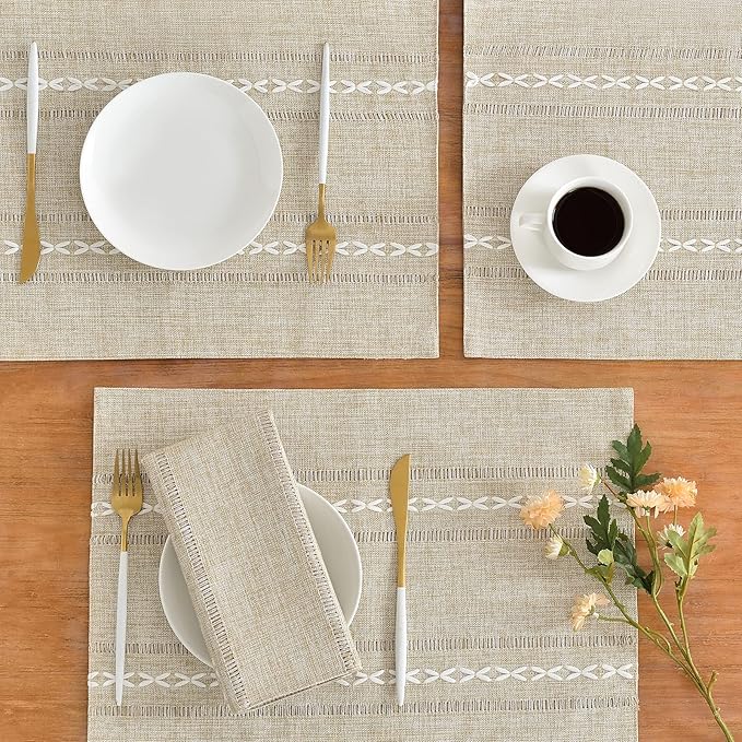 Wracra Cotton Linen Placemats, 12 x 18 Inch Set of 4 Fete Placemats Rustic Hemstitch Place Mats for Kitchen Table and Heat Resistant-Hemstitch Coffee