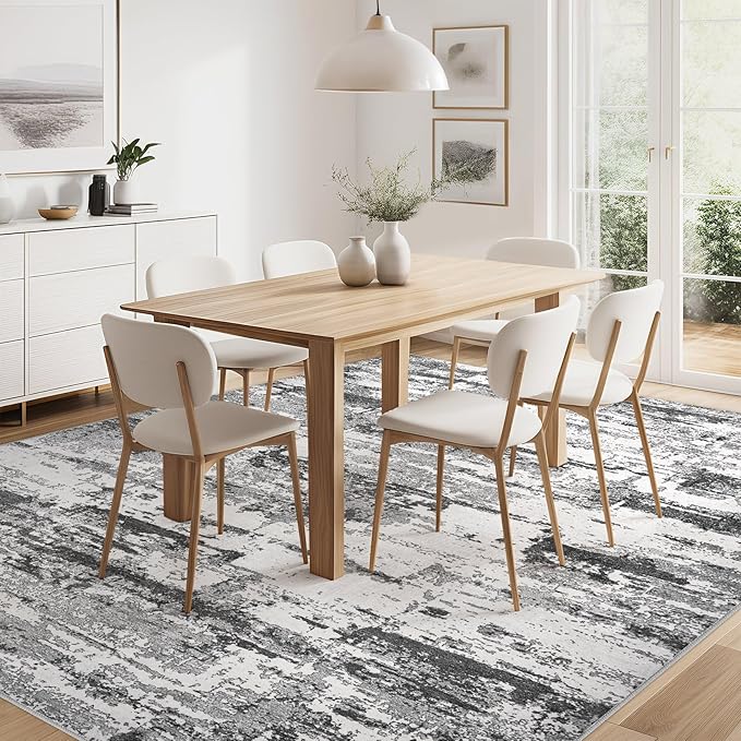 Area Rugs for Living Room: 6x9 Abstract Washable Rug Modern Neutral Large Soft Stain Resistant Non-Slip Backing Machine Table for Bedroom Dining Room Indoor Home Office Carpet - Black Grey
