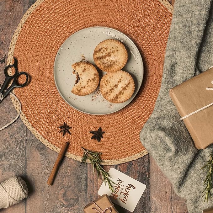 Noctiflorous Round Braided Placemats Set of 6 Table Mats 15 Inches Washable Heat Resistant for Dining Table Non-Slip Indoor Outdoor Place Mats for Thanksgiving Christmas Easter(Orange Thin Edge 6)