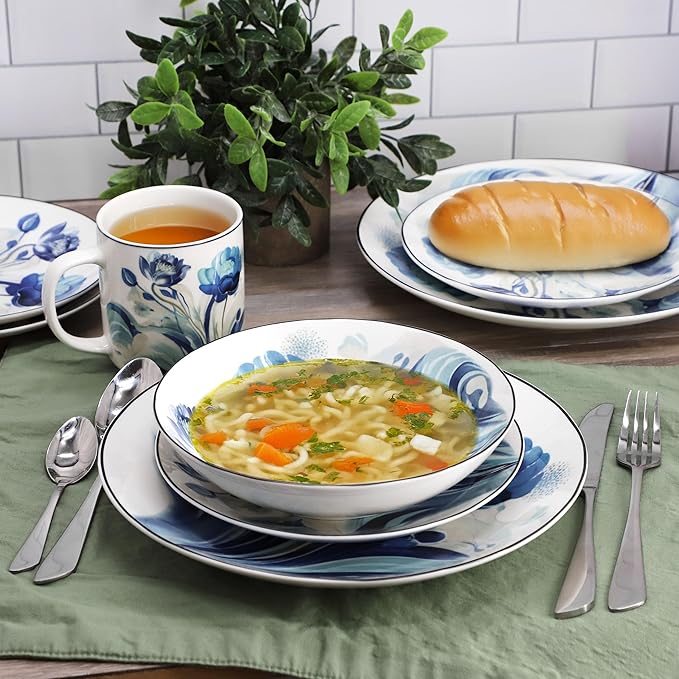 Elama Peony Garden 16 Piece Abstract Floral Round Porcelain Dinnerware Set, Tableware Set, Serveware Set (Peony Garden)