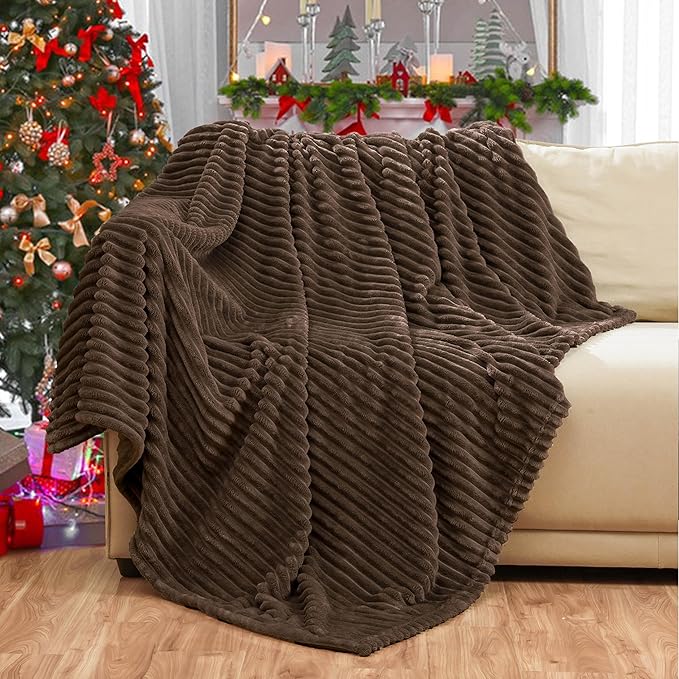 Bnuitland Brown Flannel Throw with Storage Pouch,300GSM Super Soft Fleece Stripe Pattern Sofa Blanket for Adults and Kids, Lightweight Cozy Bed Throw for Home Decor All Season