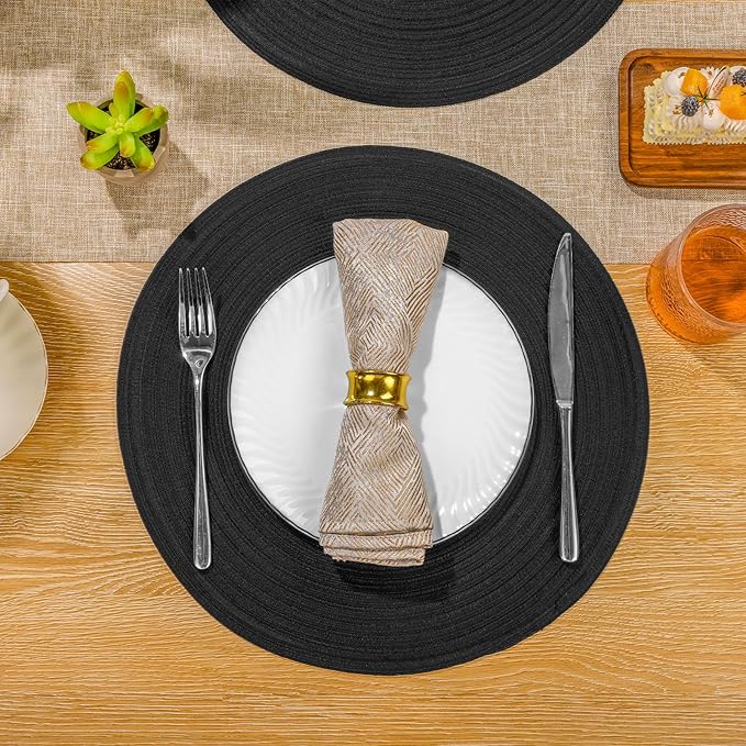 SHACOS Round Braided Placemats Set of 4 Heavy Cotton Polyester Washable Round Table Mats for Dining Tables 15 inch Non Slip Heat Resistant (Black, 4)