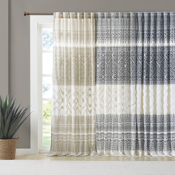 INK+IVY Mila 100% Cotton Single Panel Curtain Tufted Chenile Boho Design Rod Pocket Top Drape for Living Room, Privacy Window Treatment for Bedroom, 50" x 84", Navy/White