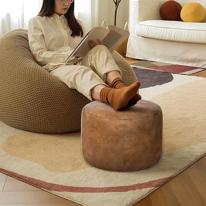 Thgonwid Unstuffed Faux Leather Pouf Cover, Handmade Footstool Ottoman Storage Solution, Floor Footrest Cushion - 16.5”Dx12”H, Mocha