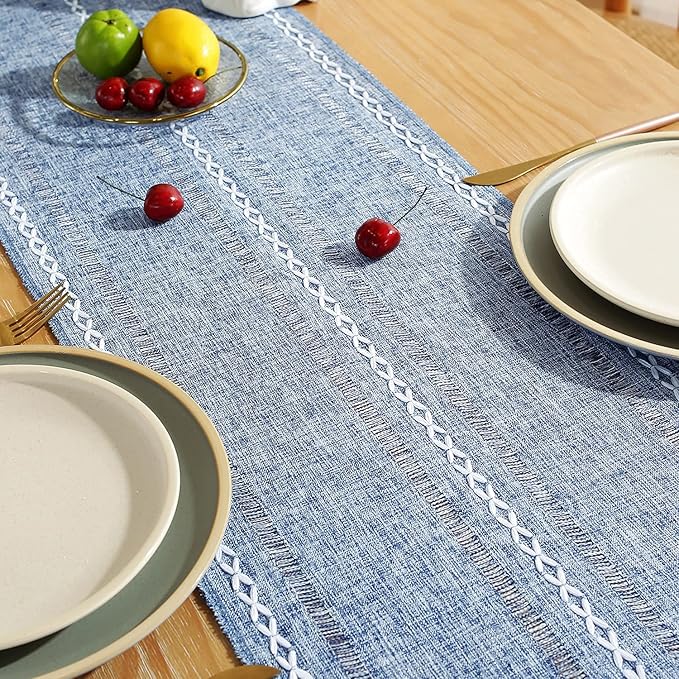 Chassic Rustic Farmhouse Style Linen Table Runner, Boho Handmade Tassel Hemstitched Embroidered Table Runners 72 Inches Long for Holiday Party, Dresser and Dining Decorations, 13 x 72 inch - Blue