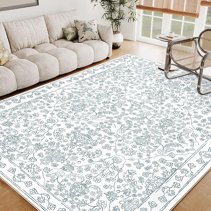 Floral Area Rug 5x7 Washable Blue Carpet Non Slip Large Boho Thin Farmhouse Throw Accent Rug for Living Room Bedroom Office Kitchen Bathroom
