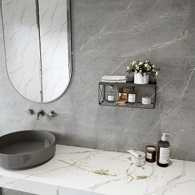Bathroom Shelf with Wire Storage Basket, Floating Shelf Over Toilet with Protective Metal Guardrail, Wall Shelf for Bedroom, Living Room, Kitchen and Bathroom Toilet Paper