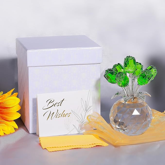 Green Rose Flower Crystal Figurine with Vase, Bouquet Flowers Ornament Gifts for Wife Girlfriend Women , Handmade Crystal Flower Collectible Home Table Decor for Valentine's Day Wedding Anniversary