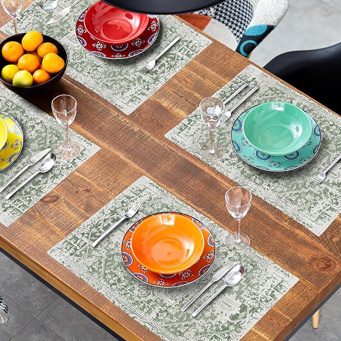 Gray Sage Green Boho Placemats Set of 4 Ethnic Bohemian Carpet Place Mats Washable Kitchen Dining Vintage Grey Geography Floral Linen Table Mats Stain Heat-Resistant for Home Party Indoor 12x18 in