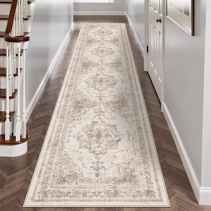 Runner Rug 2x12 Washable Taupe Hallway Runner Vintage Boho Medallion Non Slip Distressed Retro Carpet Indoor Low Pile Long Soft Rug for Kitchen Entryway Bedroom Bathroom Laundry