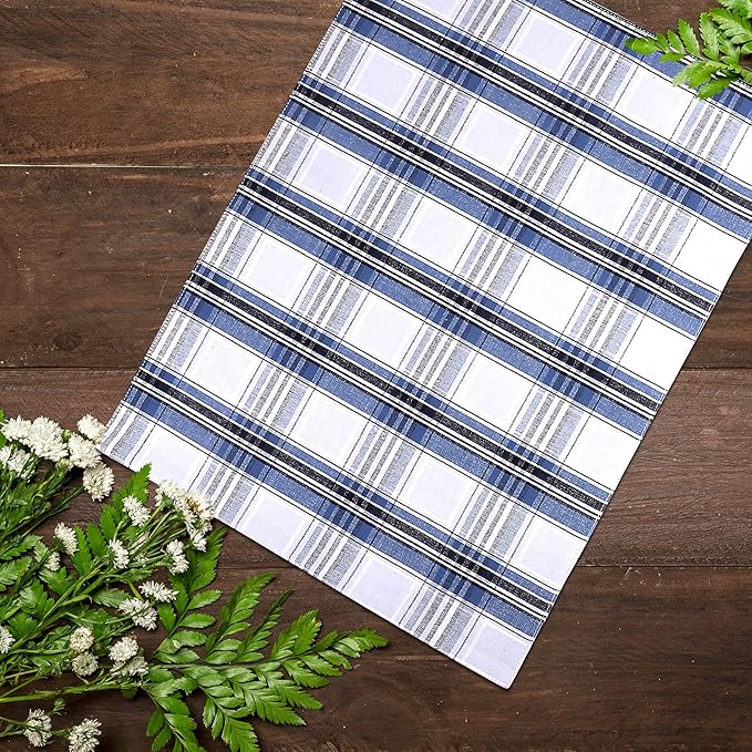 Urban Villa Christmas Placemats Snow Blue Color Checked 100% Cotton Fused Placemats 14''x 20'' Over Sized Set of 6 Use Heavier Quality Christmas Special placemats Quality
