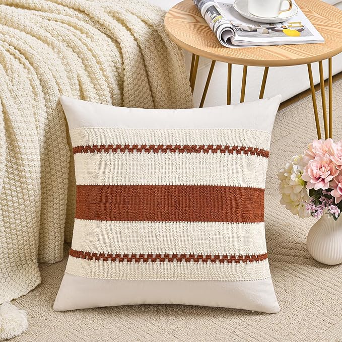 Fancy Homi Set of 2 Rust Boho Decorative Throw Pillow Covers 20x20 Inch for Couch Bed Sofa, Aesthetic Modern Organic Fall Room Decor, Soft Cotton Cute Terracotta Textured Farmhouse Cushion Case