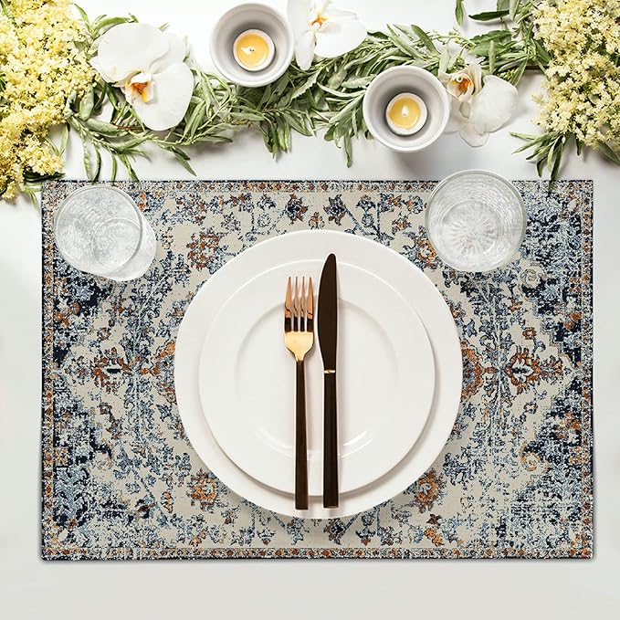 Brown Navy Blue Ethnic Boho Placemats Set of 4 Bohemian Carpet Vintage Gold Black Tan Floral Linen Washable Kitchen Dining Table Mats Stain Heat-Resistant Desktop Place Mats for Home Party 12x18 in