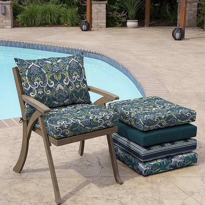 Arden Outdoor Dining Chair Cushion, 21 x 21, Rain-Proof, Fade Resistant 21 x 21, Sapphire Aurora Blue Damask