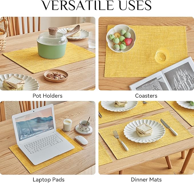 Softalker Faux Linen Placemats Set of 4-12 x 18 Inch, Heat Resistant Double Layered Durable Burlap Farmhouse Place Mats, Non-Slip Washable Rustic Table Mats for Dining, Kitchen, Party(Yellow