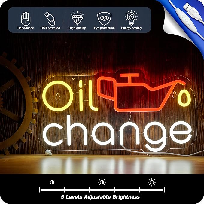 Oil Change Neon Sign Garage Car LED Signs for Wall Decor Automobile Repair Shop Man Cave Auto Room Workshop Garage Accessories with Dimmer USB Powered 9.3 x 16.5 in