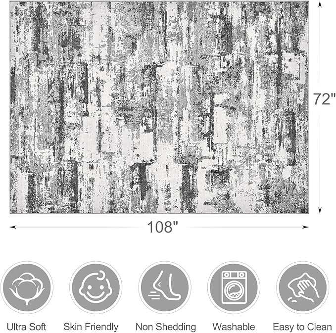 Area Rugs for Living Room: 6x9 Abstract Washable Rug Modern Neutral Large Soft Stain Resistant Non-Slip Backing Machine Table for Bedroom Dining Room Indoor Home Office Carpet - Black Grey