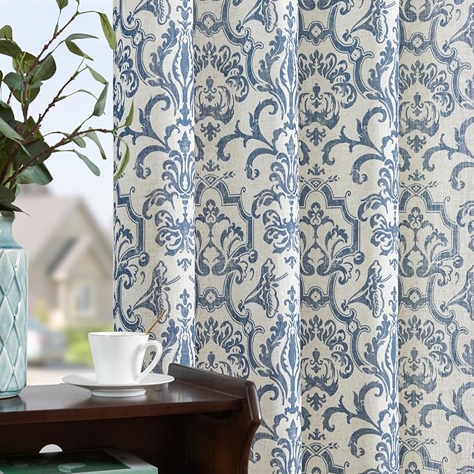 jinchan Curtains for Bedroom, Light Filtering 84 Inch Length 2 Panels Set, Baroque Style Linen Blend Drapes Living Room, Vintage Damask Window Treatments, Grommet Top Slate Blue on Flax, W52 X L84