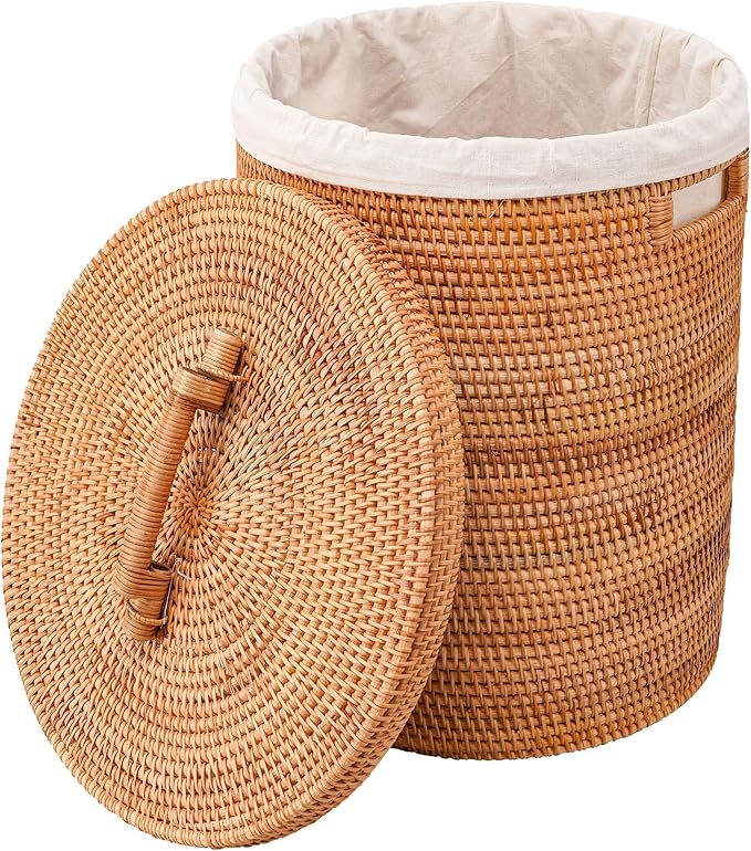 Rattan Laundry Hamper With Lid, Rattan Laundry Basket With Removable Liner Bag Handles (13.8" L×13.8"W×15.7"H)