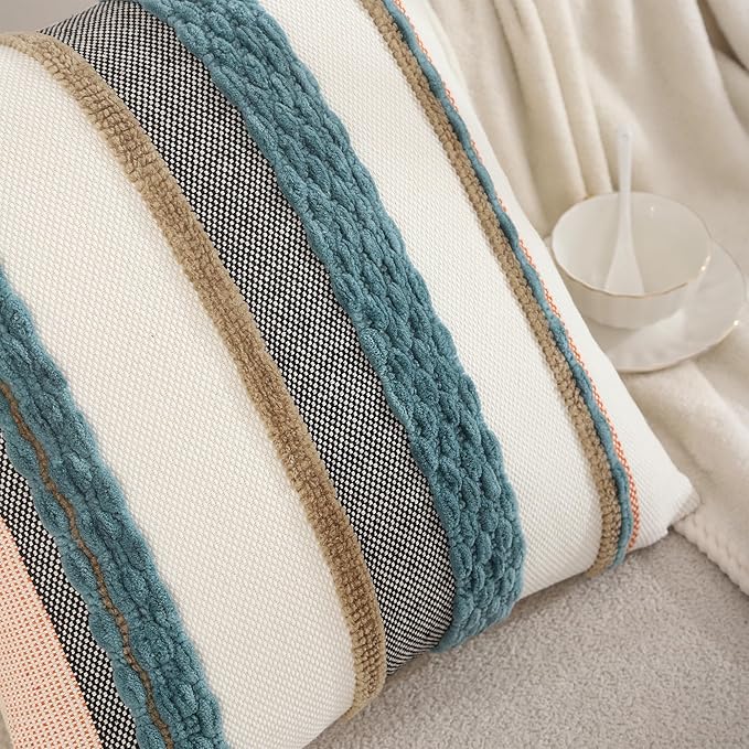 Tosleo Decorative Throw Pillow Covers 18x18 Set of 2 Boho Chenille Tufted Pillow Cover Textured Pillow Covers Striped Pillow Cases Accent Pillow Cases Farmhouse Cushion Case for Sofa Couch Bed,Blue