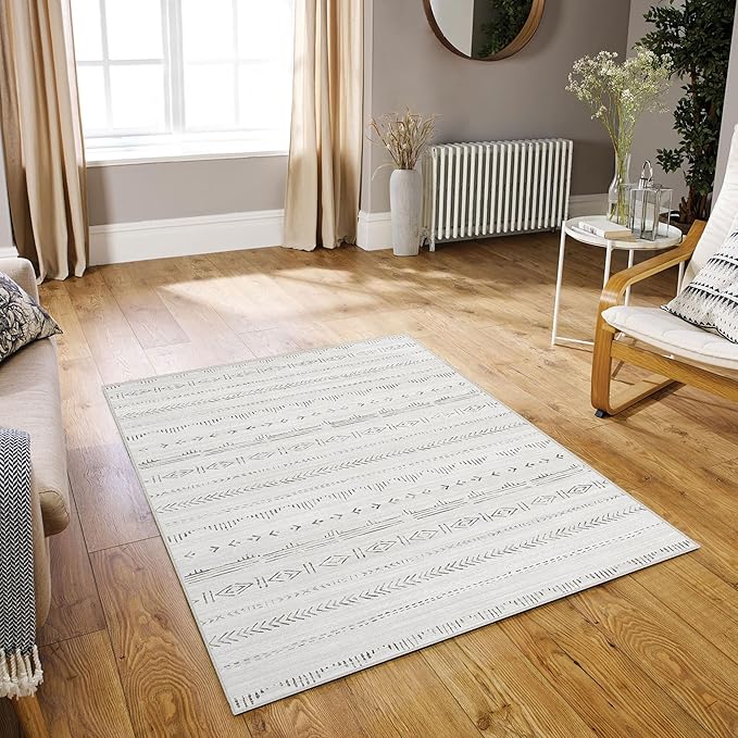 Deerly Area Rug 3x5 Rug Moroccan Boho Machine Washable Rugs 3x5 with Rubber Backing, Soft Low Pile Indoor Floor Carpet Neutral Rug for Entryway Kitchen Laundry Bedroom, Light Grey