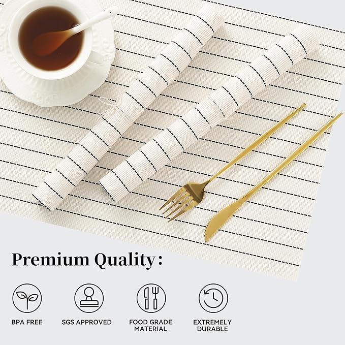 Leetaltree White with Black Stripes Placemats Set of 8 - Heat Resistant Non-Slip Place mats for Dining Table, Washable Durable PVC Vinyl Woven Table Mats(White Stripes, 8)