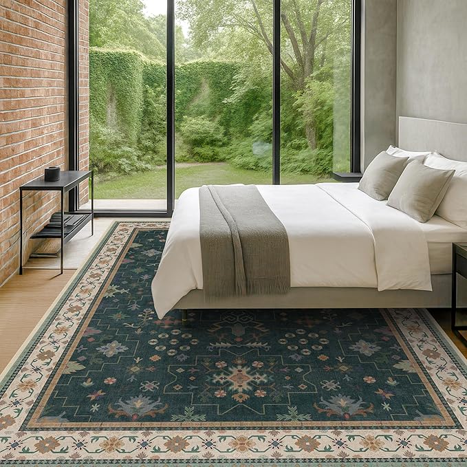 Dark Green Oushak Living Room Rug 10x14 - Modern Vintage Boho Eclectic Floral Pastel, Washable Low Pile Non-Slip Extra Large Area Rugs for Dining Under Table Bedroom Lounge
