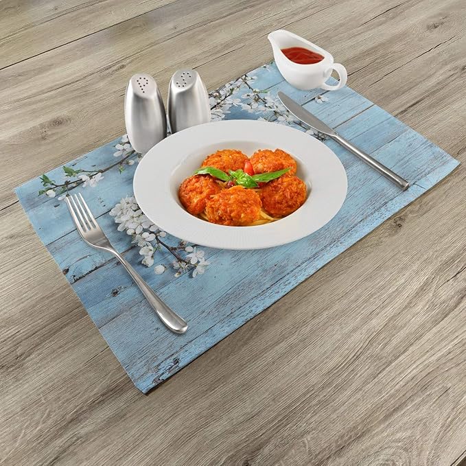 Ambesonne Rustic Place Mats Set of 4, Branch Blooming Warm Season Flowers on Wooden Fragility of Spring, Washable Fabric Placemats for Dining Table, Standard Size, Blue