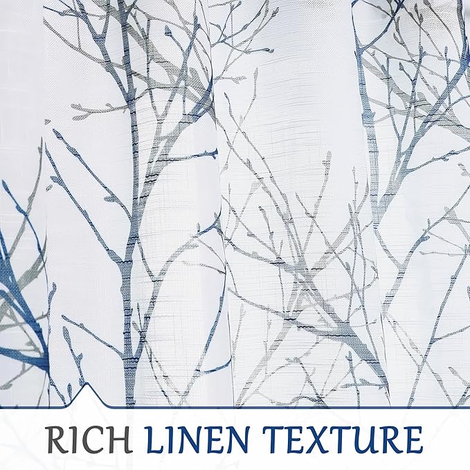 FMFUNCTEX Blue White Sliding Glass Door Curtain 84 Inches Long Branch Tree Print 100 Inch Extra Wide Linen Semi Sheer White Grommet Curtain for Living Room Patio Door Room Divider Curtain 1 Panel