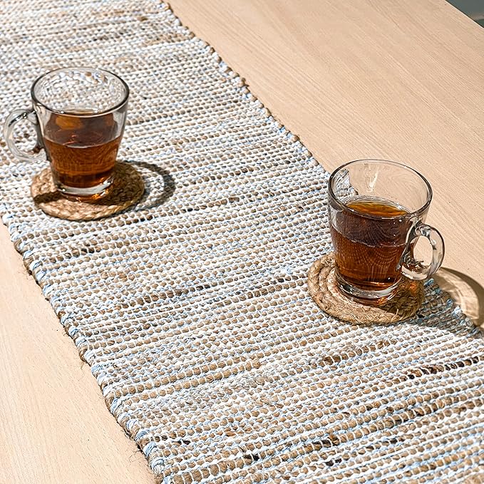 Chardin Home Natural Jute Table Runner 13x72 Inch – Vintage Boho Rustic Table Decor – Handwoven Jute Table Runner in Natural and Blue– Farmhouse Dining or Console Table Accent