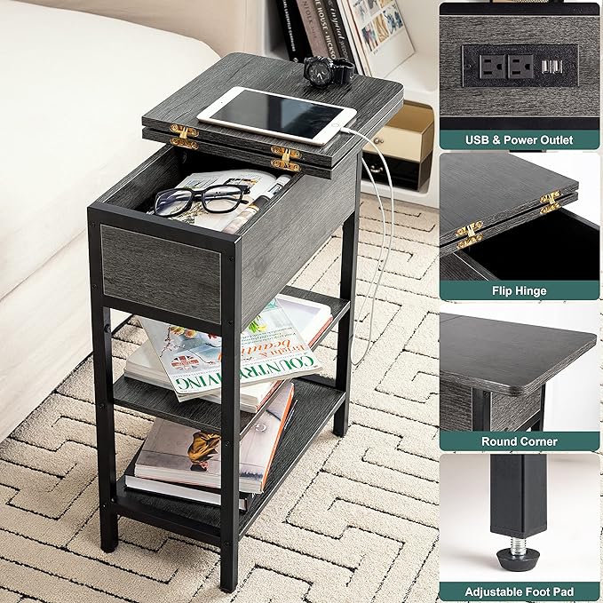 Yoobure End Table with Charging Station, Flip Top Side Table with USB Ports and Outlets, Sofa Couch Table Bedside Table for Living Room Bedroom, Narrow Nightstand with Storage Shelves for Small Space