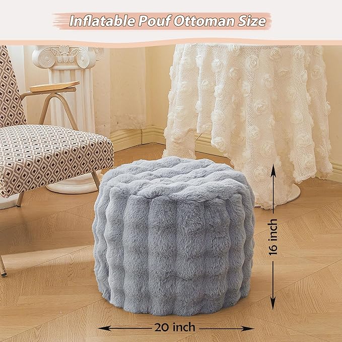 LIFEREVO Faux Rabbit Fur Round Inflatable Pouf Ottoman, 20" X 16" Shaggy Waffle Bubble Floor Poufs Foot Rest Living Room Bedroom, Furry Pouf Chair Foot Stool Couch Home Decor, Anti-Slip, Light Grey