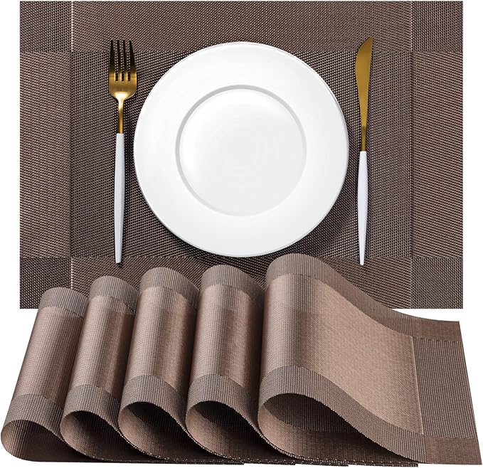 Placemats Set of 6 - Easy Clean Woven Vinyl Placemats for Dining Table, Indoor/Outdoor Place Mats, Washable PVC Table Mats(Brown Cube)