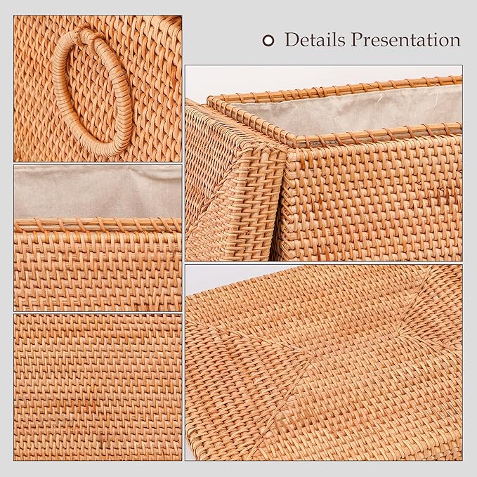 Rattan Laundry Hamper With Removable Liner Bag, Rattan Laundry Basket With Handles(16.5" L×13"W×18"H)
