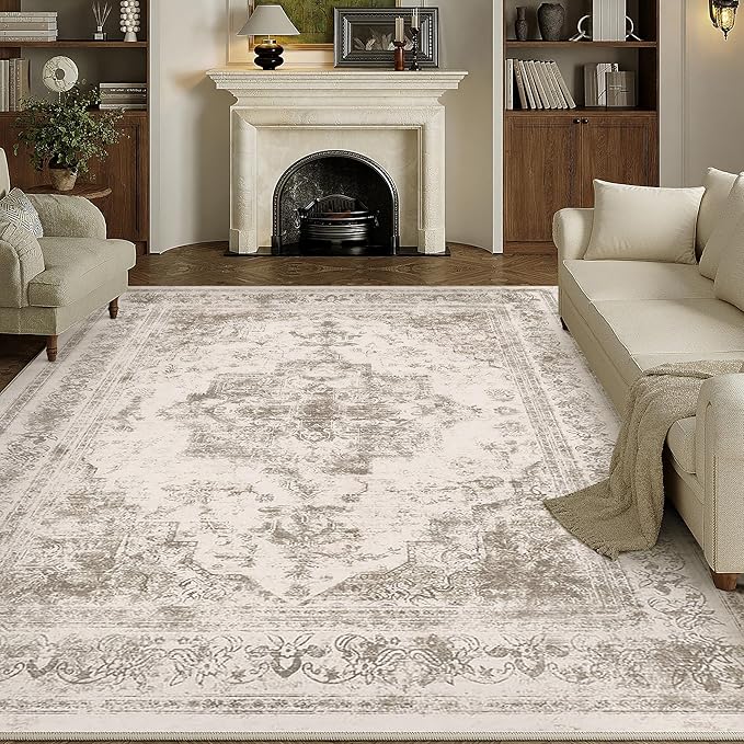 Area Rug 5x7 Washable Taupe Rug Vintage Boho Medallion Large Distressed Retro Carpet for Living Room Non Slip Indoor Low Pile Small Soft Bedroom Dining Room Home Office