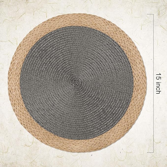 Noctiflorous Round Braided Placemats Set of 4 Table Mats 15 Inches Washable Heat Resistant for Dining Table Non-Slip Indoor Outdoor Place Mats for Thanksgiving Christmas Easter(Grey Wide Edge 4)
