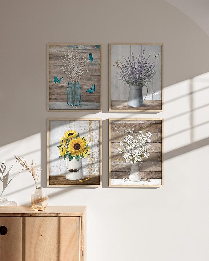 HAUS AND HUES Flower Wall Decor - Set of 4 Floral Wall Art, Floral Wall Decor, Flower Wall Art, Flower Painting with Frame, Floral Pictures Wall Decor, Flower Pictures Wall Decor (Beige Frame, 16x20)