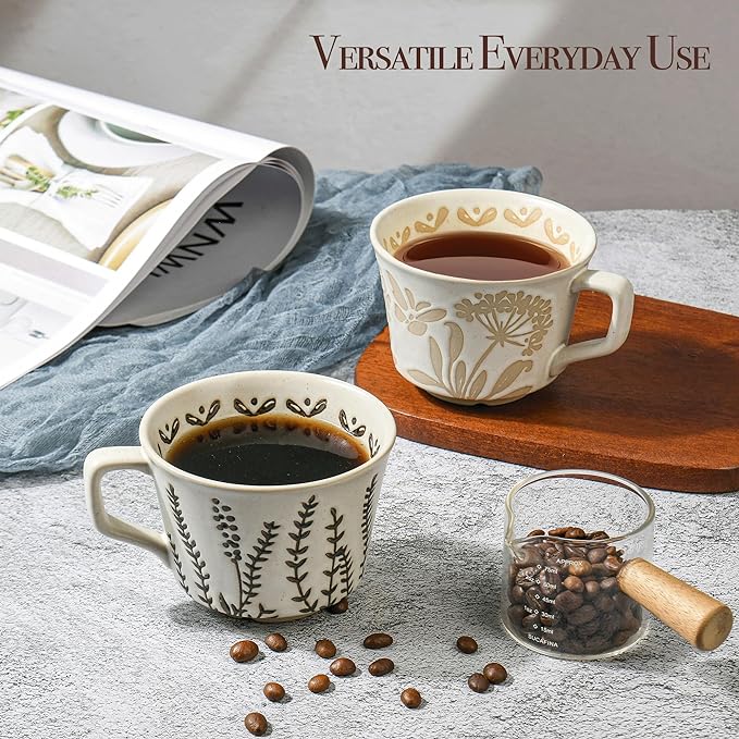 Ceramic Coffee Mug, 12 oz Novelty Unique Teacup with Large Handle, Stoneware Cup for Tea Mocha Latte Cappuccino Espresso (Set of 2, Butterfly and Grass)