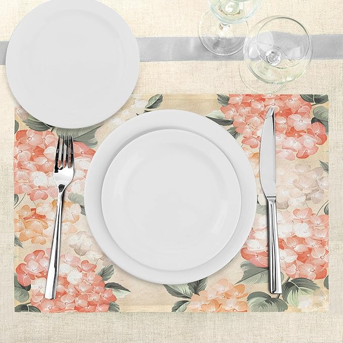 Ambesonne Floral Place Mats Set of 8, Blooming Hydrangea Flowers Leaves Bouquet Vintage Style Spring Nature Print, Washable Fabric Placemats for Dining Table, Placemat 8 pcs, Salmon Green