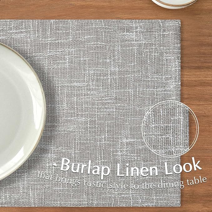 JINCHAN Burlap Textured Placemats Set of Four Farmhouse Cloth Place Mats Gray Table Mats Sturdy Fabric Placemats for Kitchen Dining Table Double Layer Heat Resistant Tablemats 13 x 19 Inch Grey