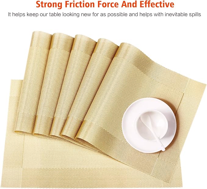 Placemats Set of 6,Washable,Heat and Stain Resistant Indoor/Outdoor Place mats, Vinyl Woven Non Slip Table Mats for Restaurant Table Protection, PVC Table Placemats.(Gold, 6PCS)…