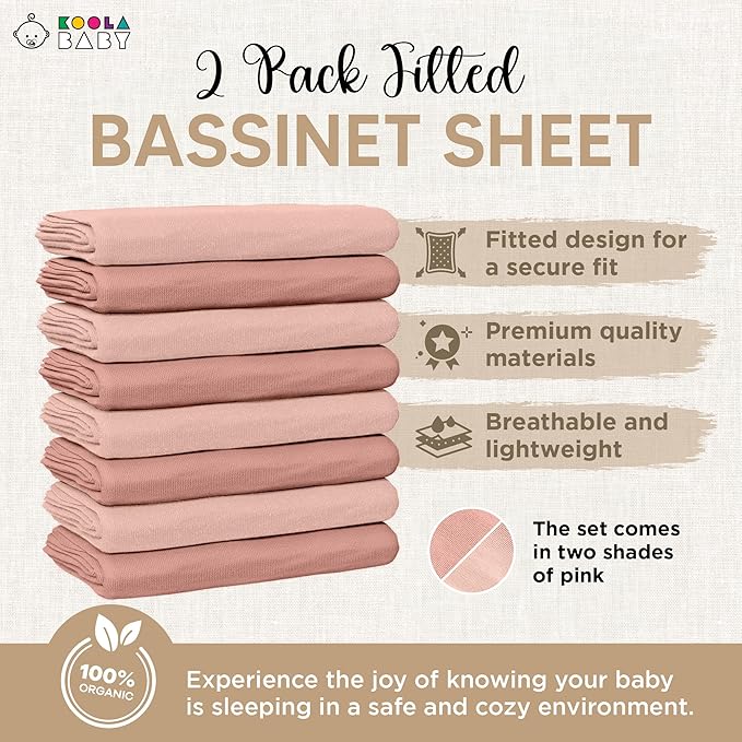 Bassinet Fitted Sheets - Compatible with Chicco LullaGo Anywhere, Baby Bjorn Cradle | 100% Organic Jersey Cotton -Light Pink + Dark Pink | 29x14 (2 Pack)