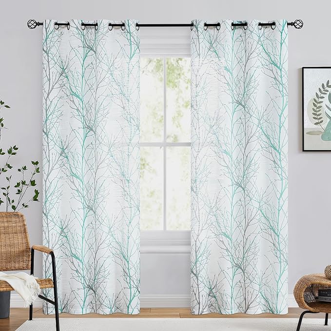 FMFUNCTEX Linen Semi Sheer Curtains for Bedroom, Auqa Blue White Curtains 96 Inches Long for Living Room, Grey Tree Branch Patterned Curtain Light Filtering Window Drapes, Grommet Top 2 Panels