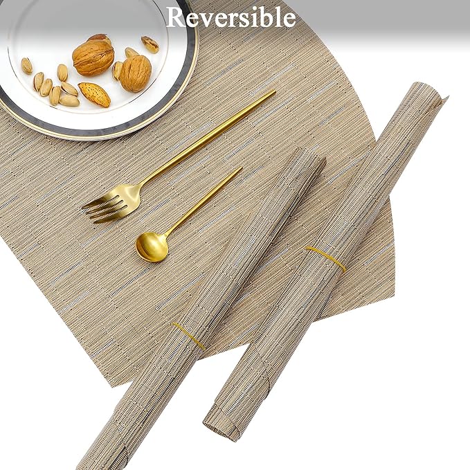 SHACOS Large Size Wedge Placemats with Centerpiece Mat Set of 5, PVC Woven Vinyl Placemats for Round Table Washable Indoor Outdoor Table Mats Reversible Durable, Tan