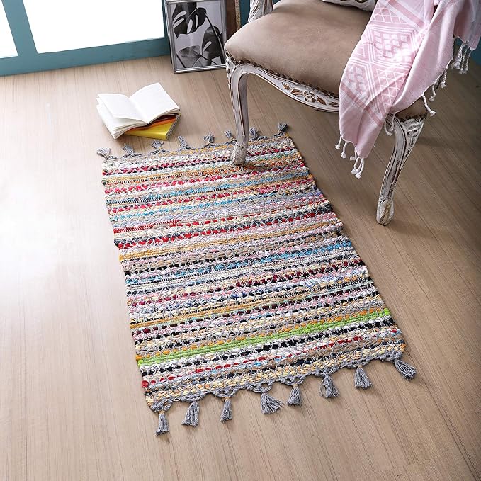 Rug Area Rugs Cotton 2x3 Ft Multicolour Chindi for Livingroom Bedroom Washable RagRug Reversible Farmhouse Kitchen RunnerRug Carpet Area Runner Mat for Hallway, Entryway