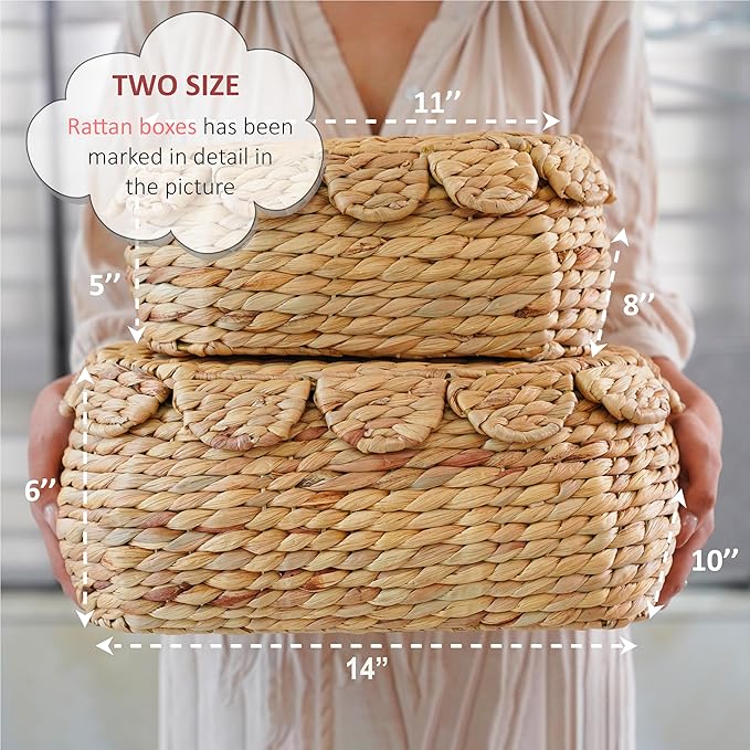 Round Wicker Storage Baskets with Lid, Rattan Basket Decorative Boxes, Woven Storage Box Hyacinth Basket with Lids, Scalloped Edge Wicker Basket with Lid, Set of 2