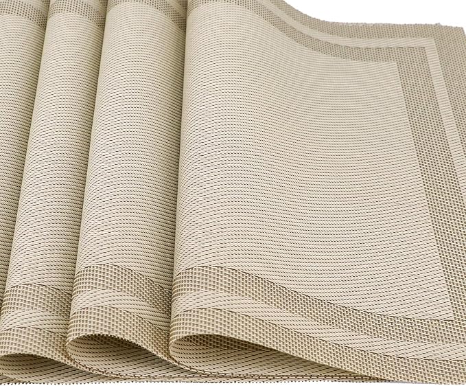 Placemats with Table Runner Set Place Mats, Woven Crossweave Vinyl Kitchen Tablemat, Washable PVC Vinyl Table Mats for Dining Table, Parties, Farmhouse, Thanksgiving, Christmas & Gathering (Gold)